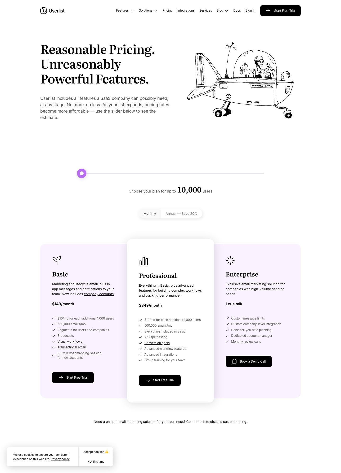 Userlist pricing page, captured Oct 2026